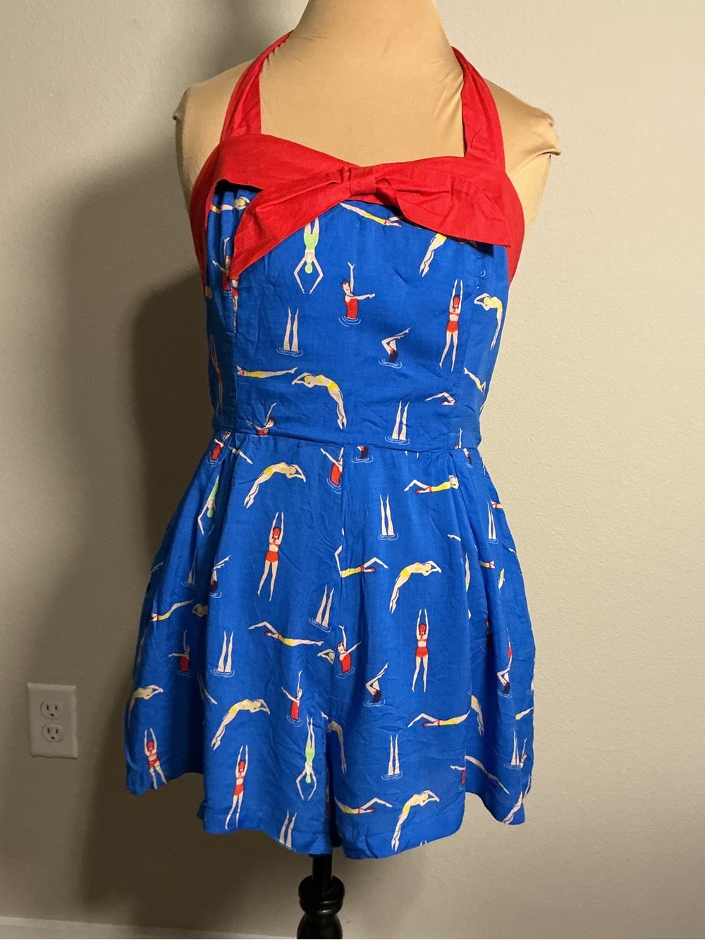 Blue Retro Swimsuit Romper with Red Halter Top - Picture 2 of 9